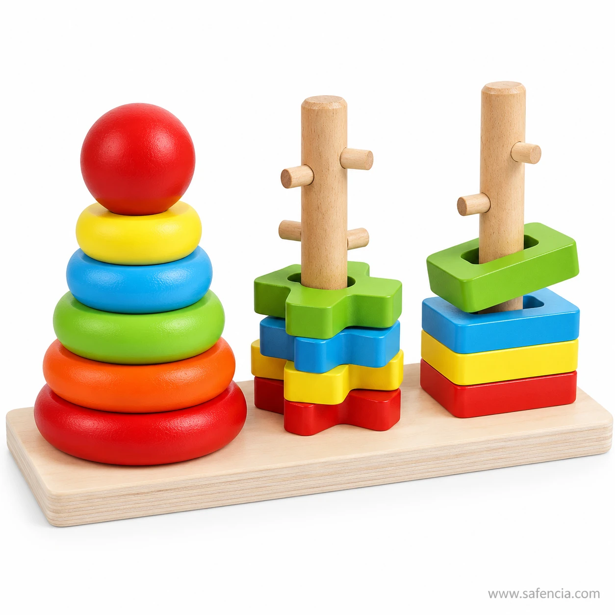Angled view of the rainbow three column tower showing side pegs on the posts above the shape pieces