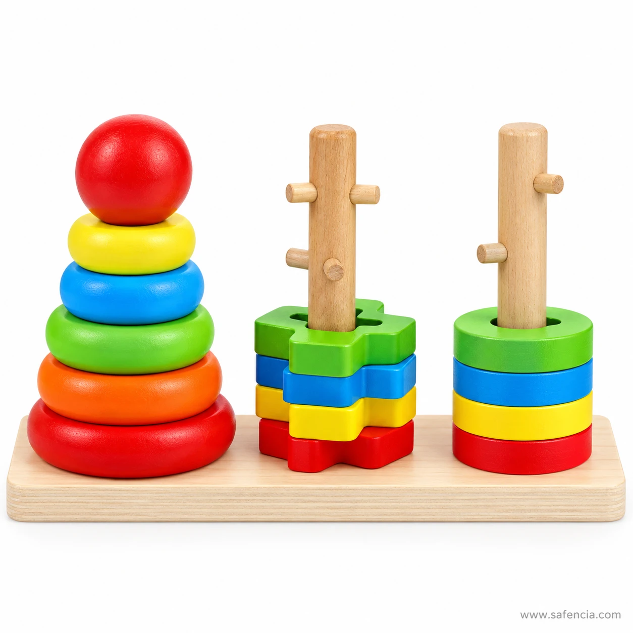 Rainbow ring stacker with a red ball beside two pegged shape posts on one wooden base