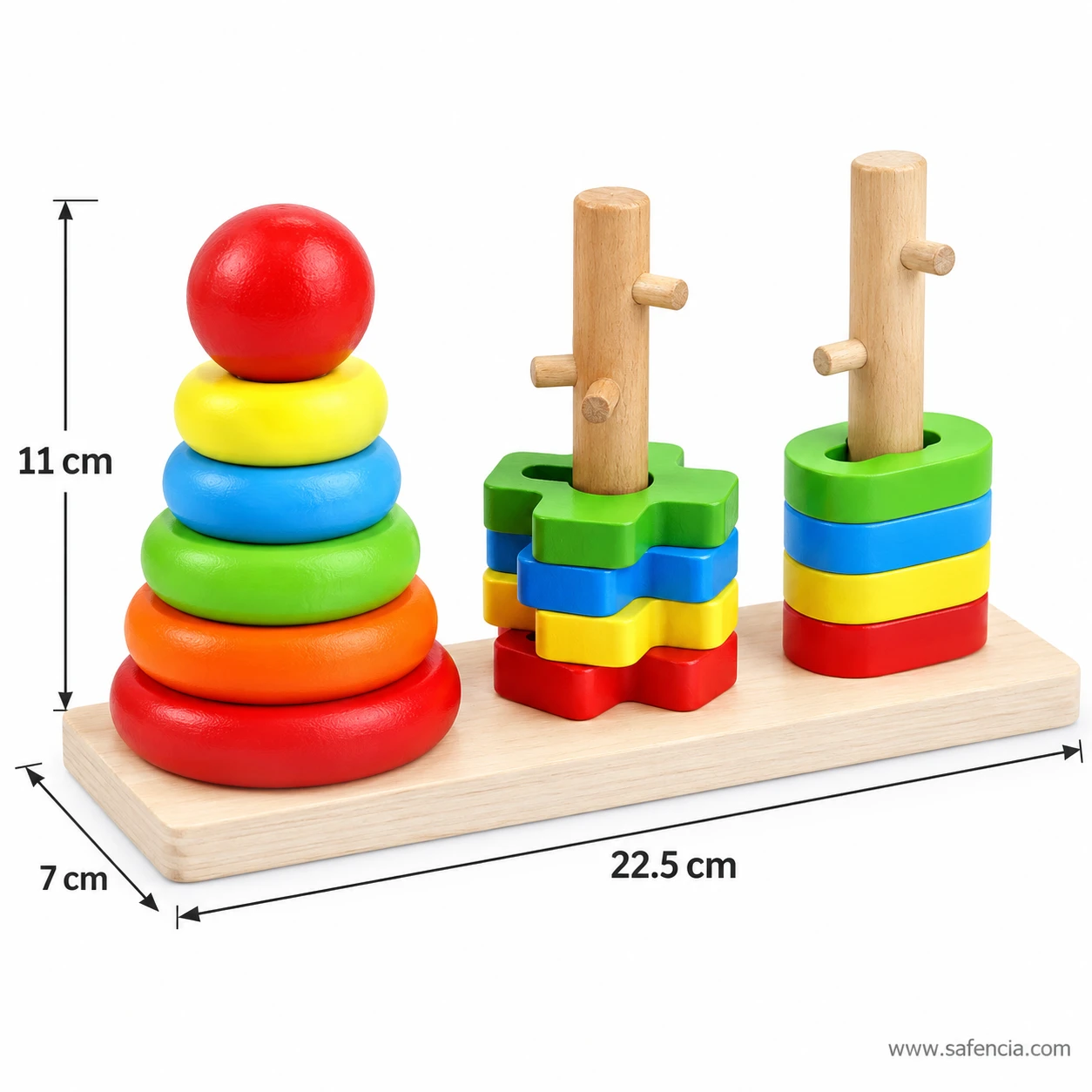 Front view of the rainbow three column tower wooden toy with rings, flower pieces and block pieces