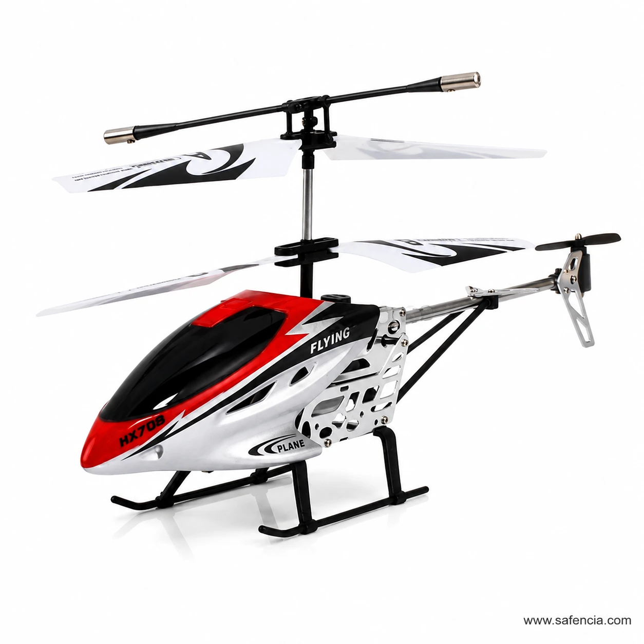 Side view of the HX708 helicopter showing the alloy cage chassis, tail boom and tail rotor