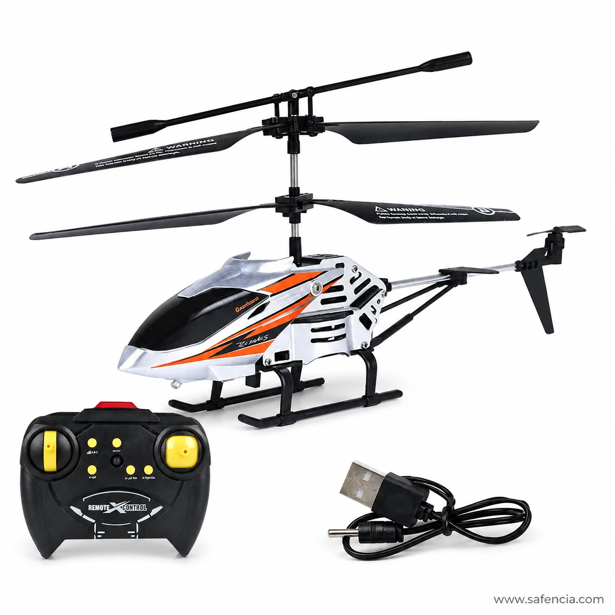 Orange and silver HX708 helicopter colourway with its remote control and USB charging lead