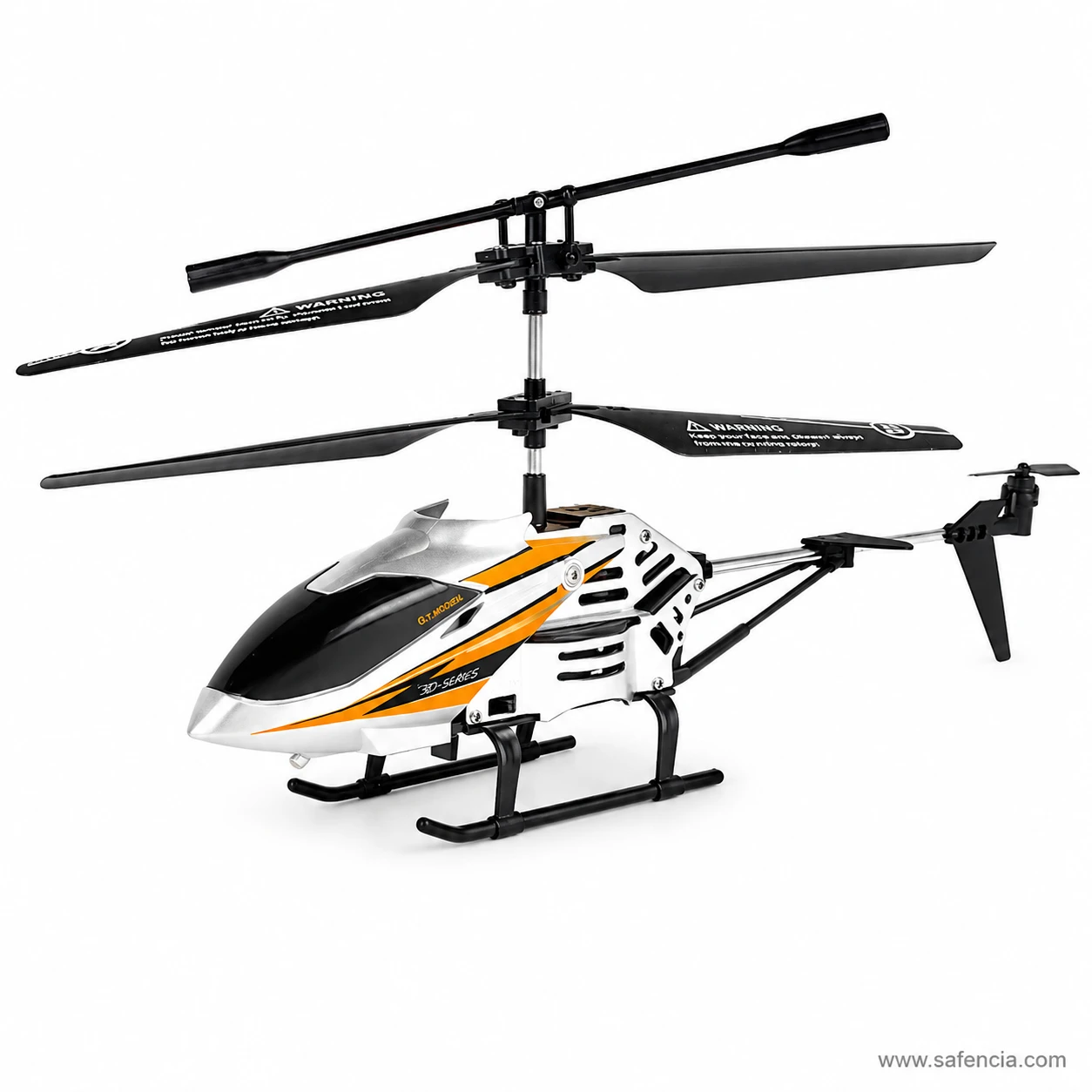Side view of the orange and silver HX708 helicopter showing nose light and tail rotor