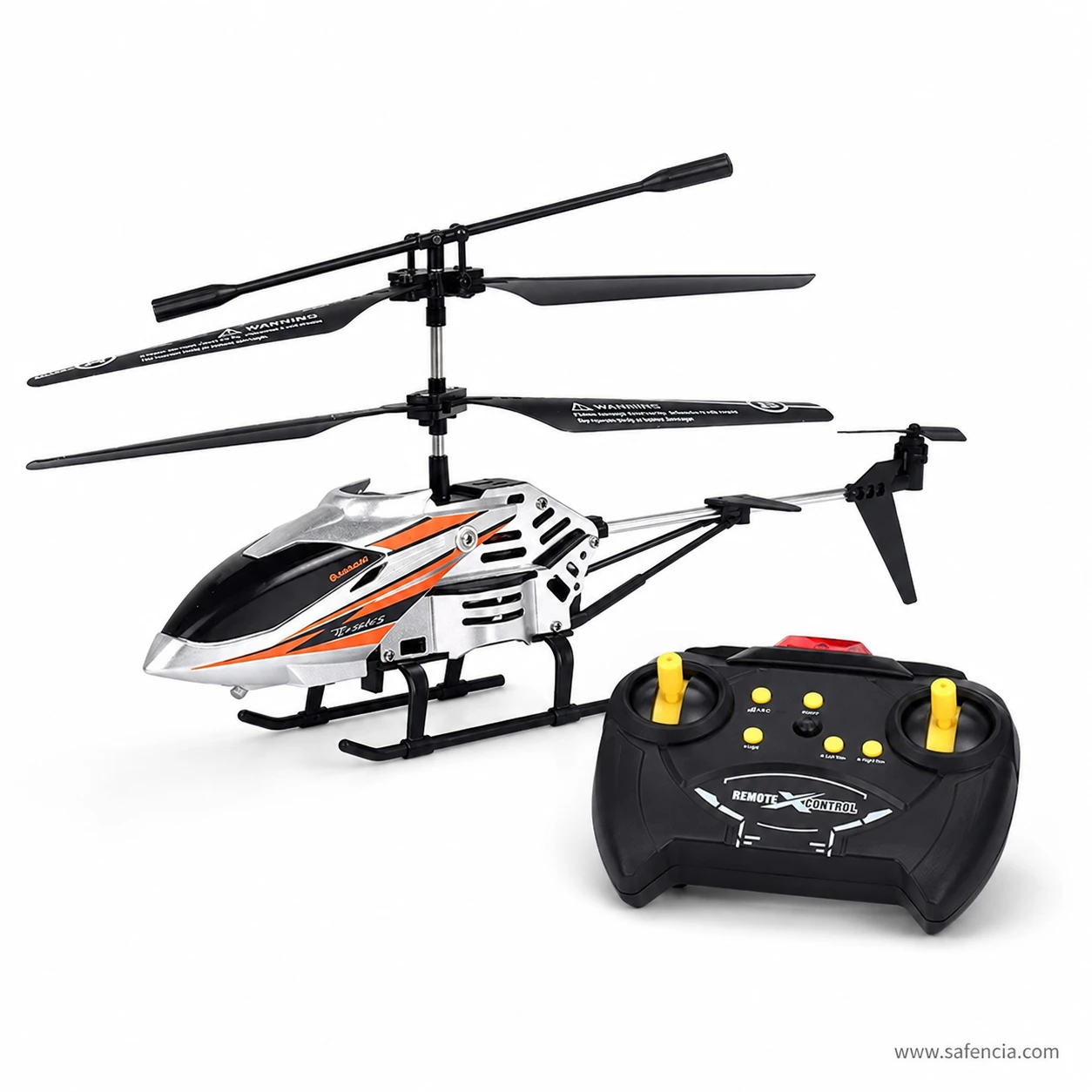 Orange and silver HX708 helicopter beside a black remote control with yellow sticks