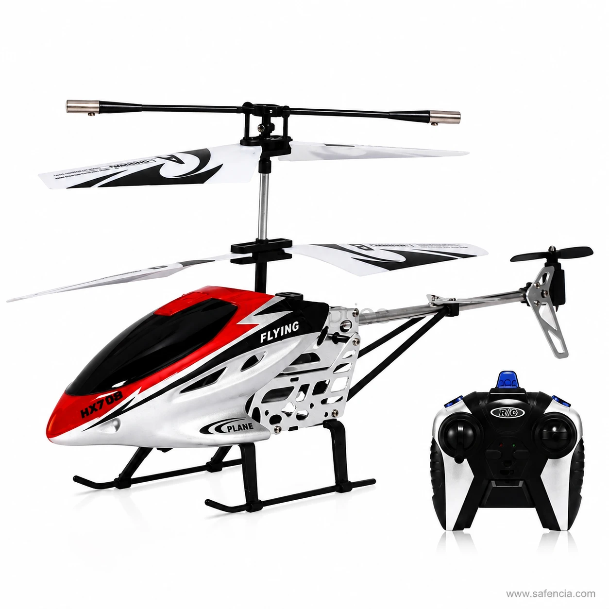 Red and silver HX708 helicopter beside its black and silver remote control with beacon light