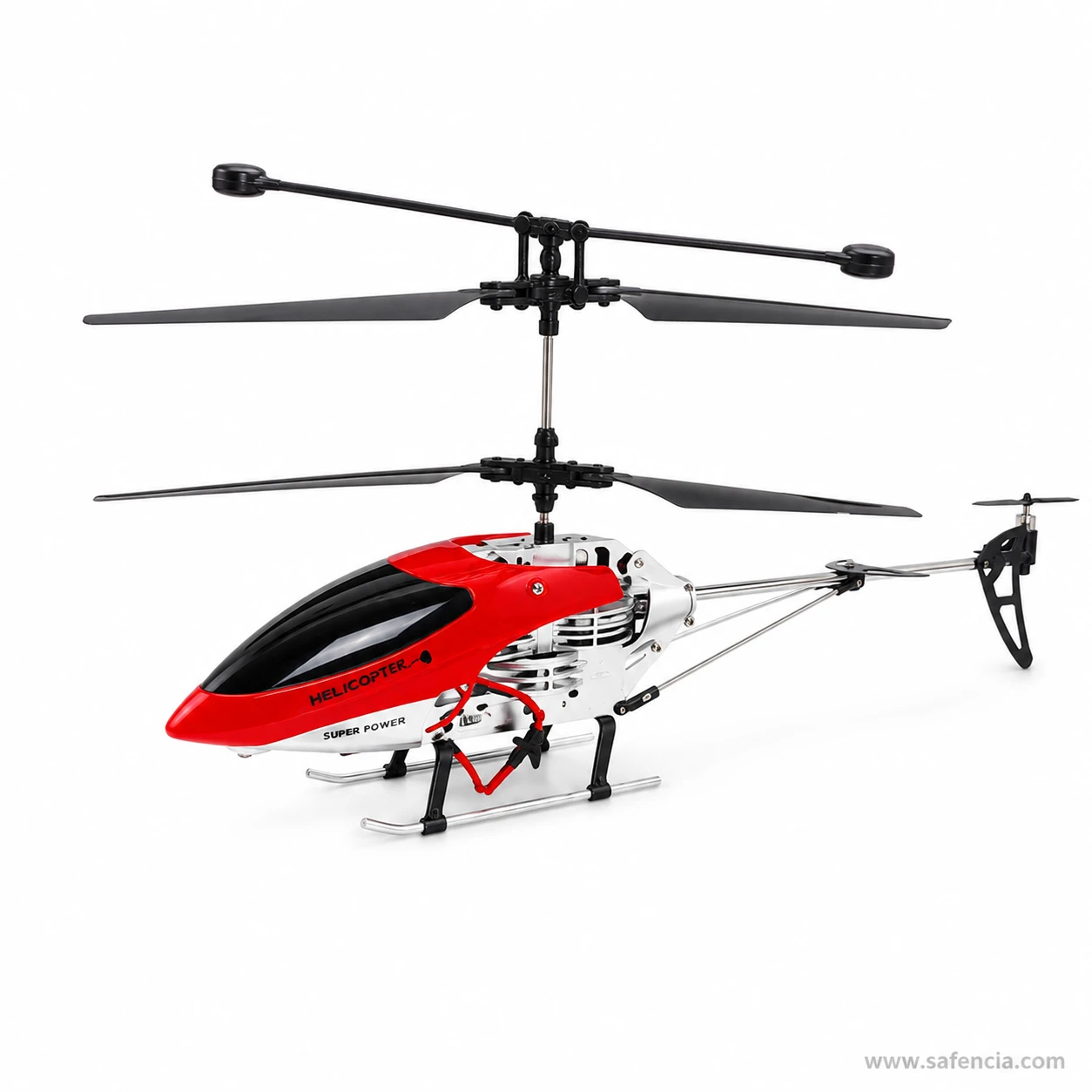 Close view of the RFD009 chrome metal chassis, braced tail boom and vertical tail rotor