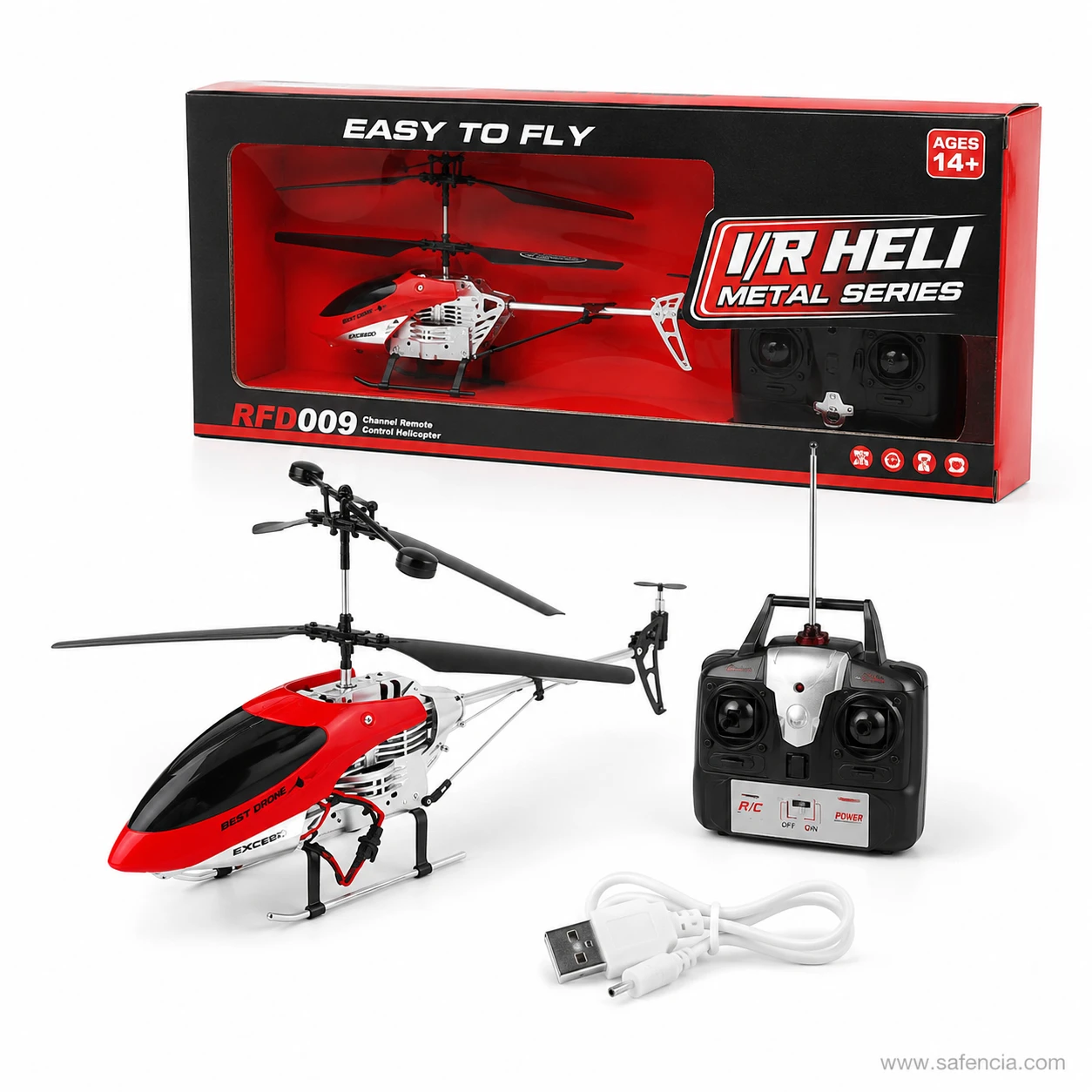 RFD009 Metal Series helicopter with transmitter and USB charging lead laid out as a full set
