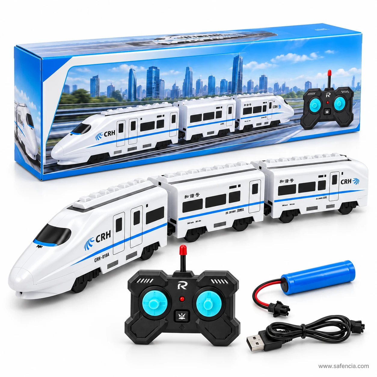 Display shot of the CRH-380A toy train set laid out in front of its retail box with remote and USB cable