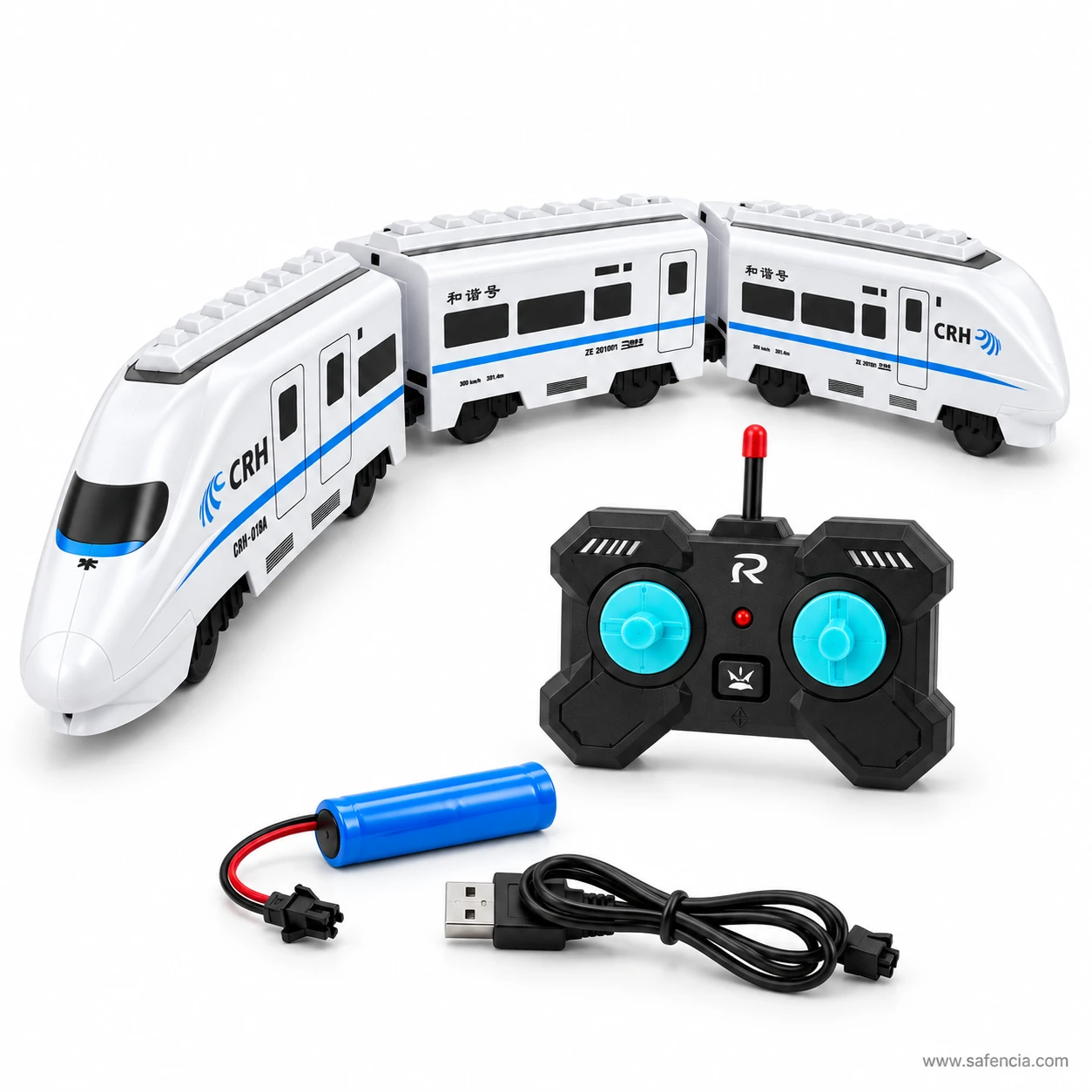 Remote control bullet train bent into a curve as the two coaches follow the steering nose car