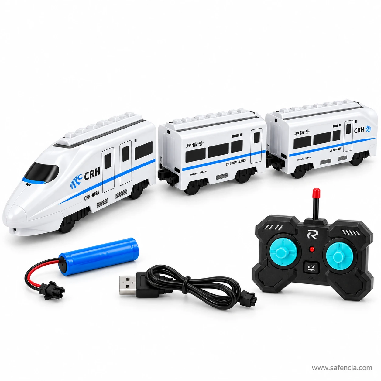 The three bullet train cars separated from each other on a white background with the remote and charging cable