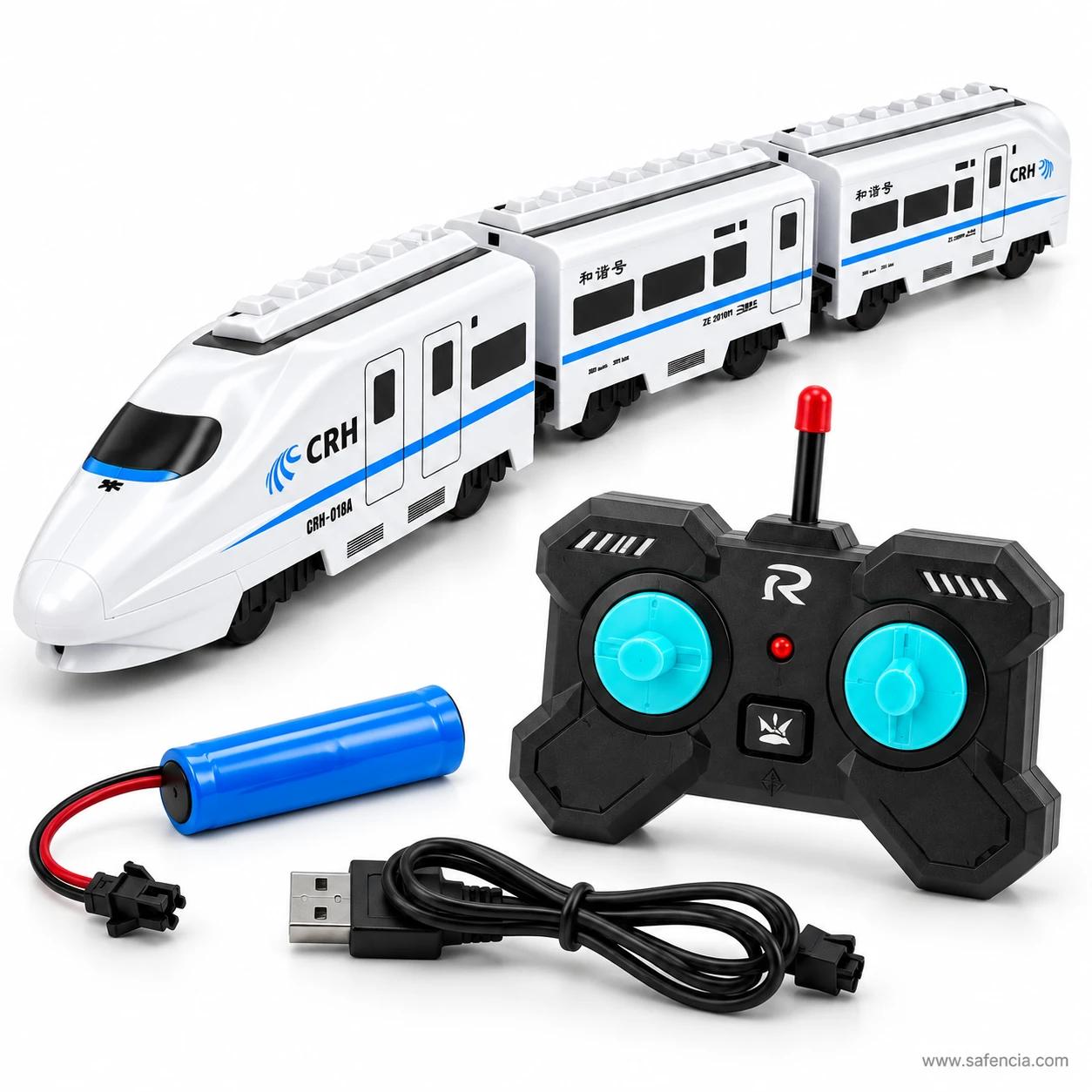Angled view of the CRH-380A remote control train showing the nose car profile and the blue stripe along all three cars
