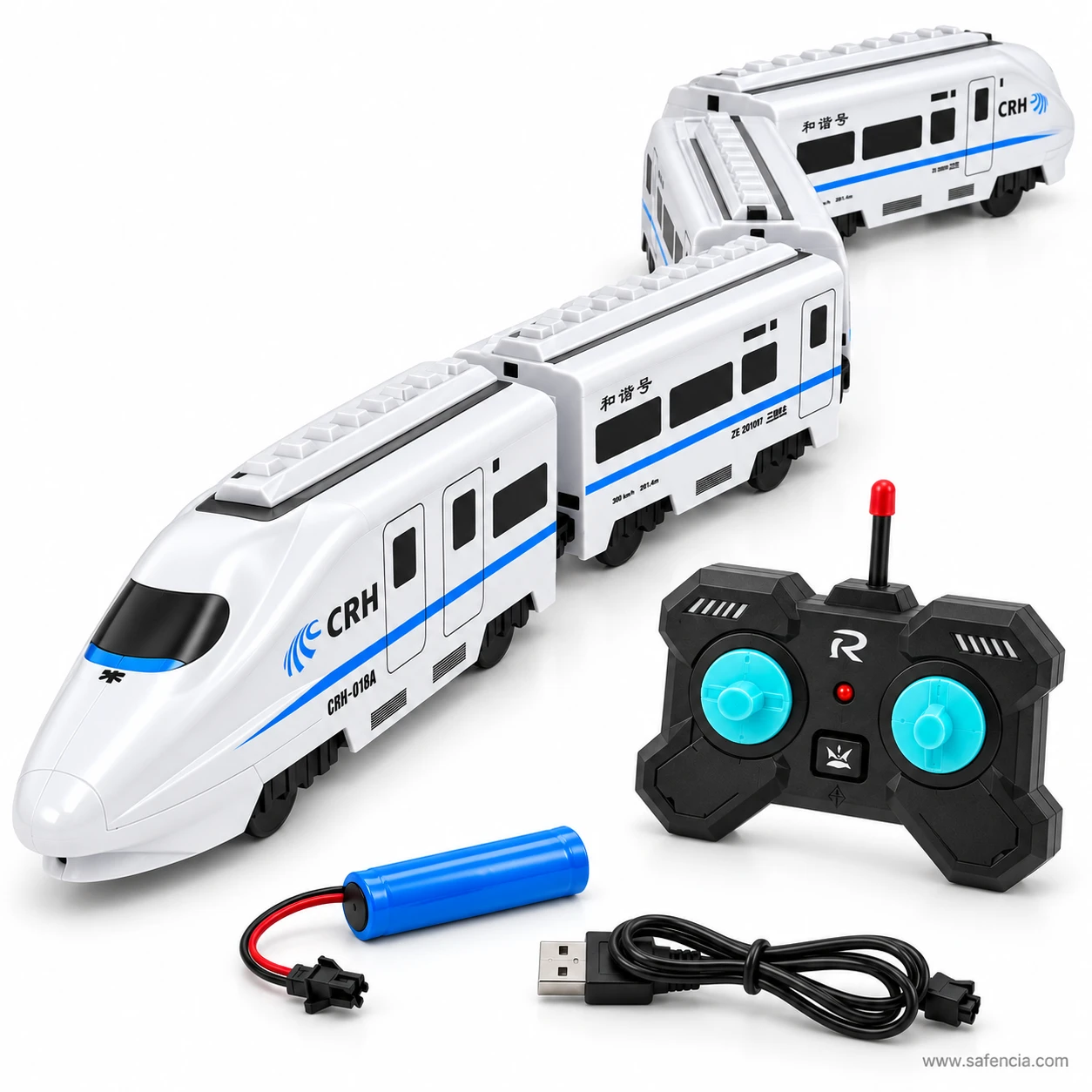 White CRH toy train curved into an S shape showing how the coupled cars flex between each carriage