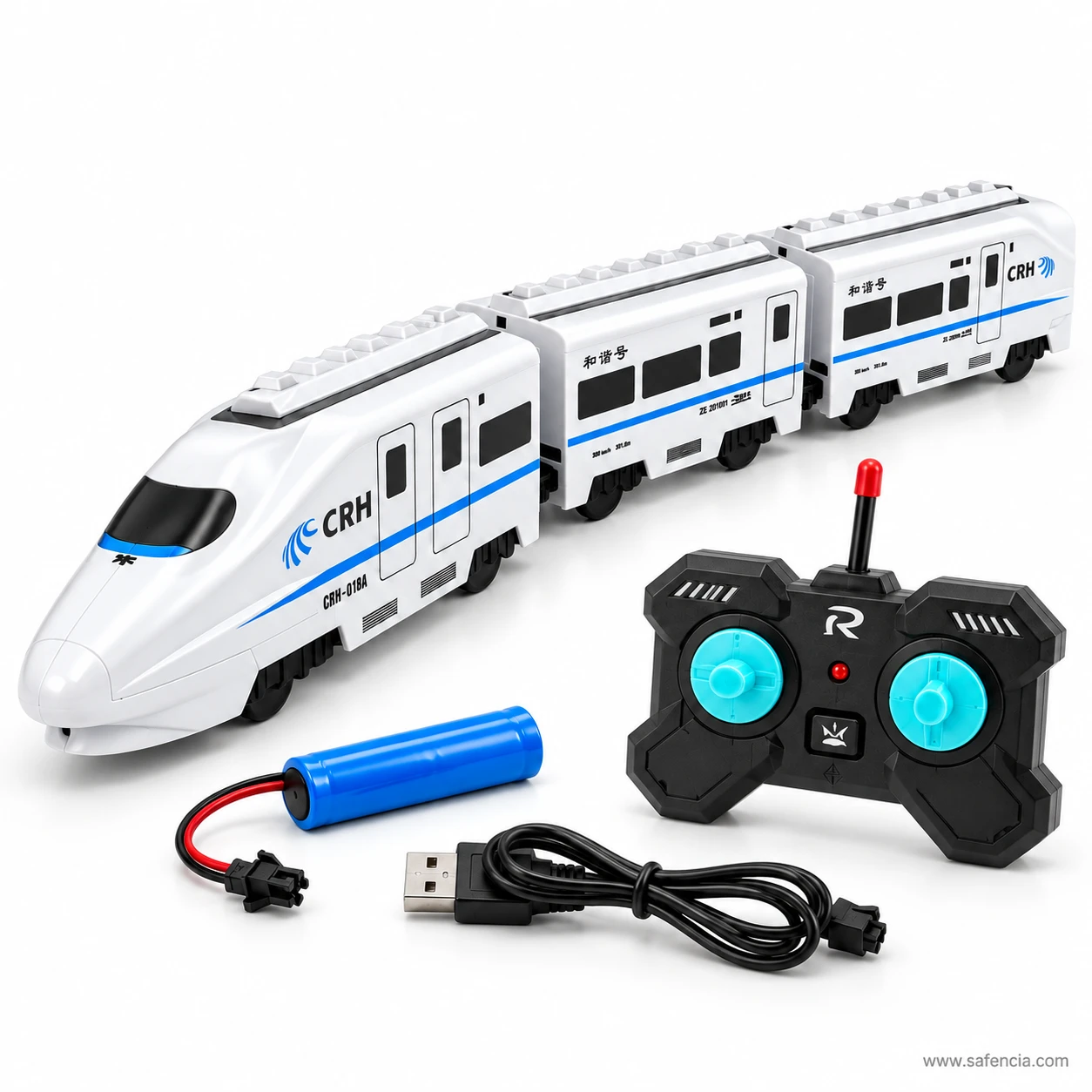 RC high speed toy train with the two-stick controller placed in front, plus the rechargeable battery and cable