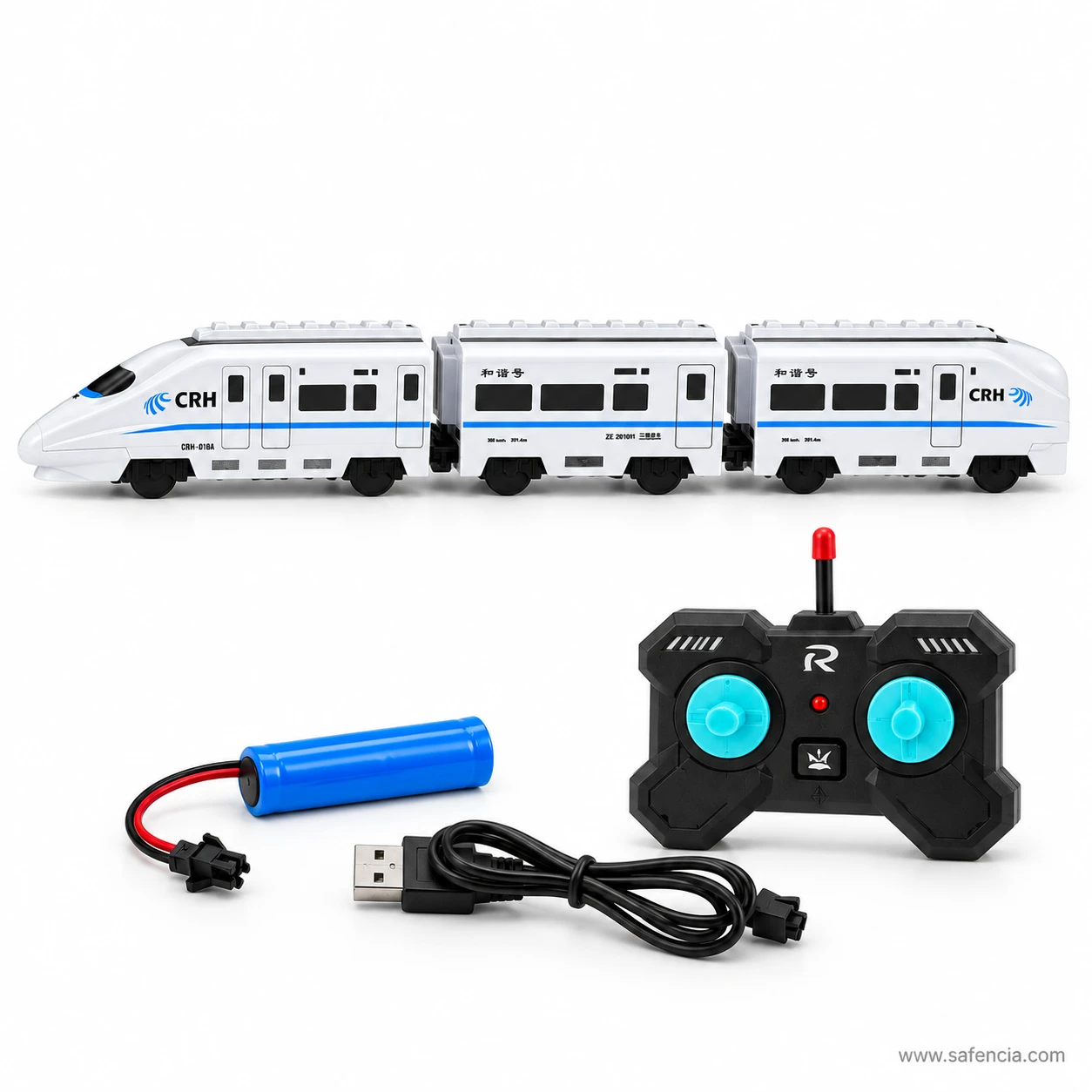 Three-car RC bullet train lined up straight beside its black remote handset, battery pack and USB charging cable