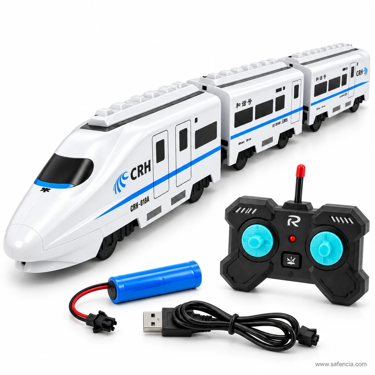 Side view of the white and blue CRH high speed toy train showing windows, doors and printed car markings
