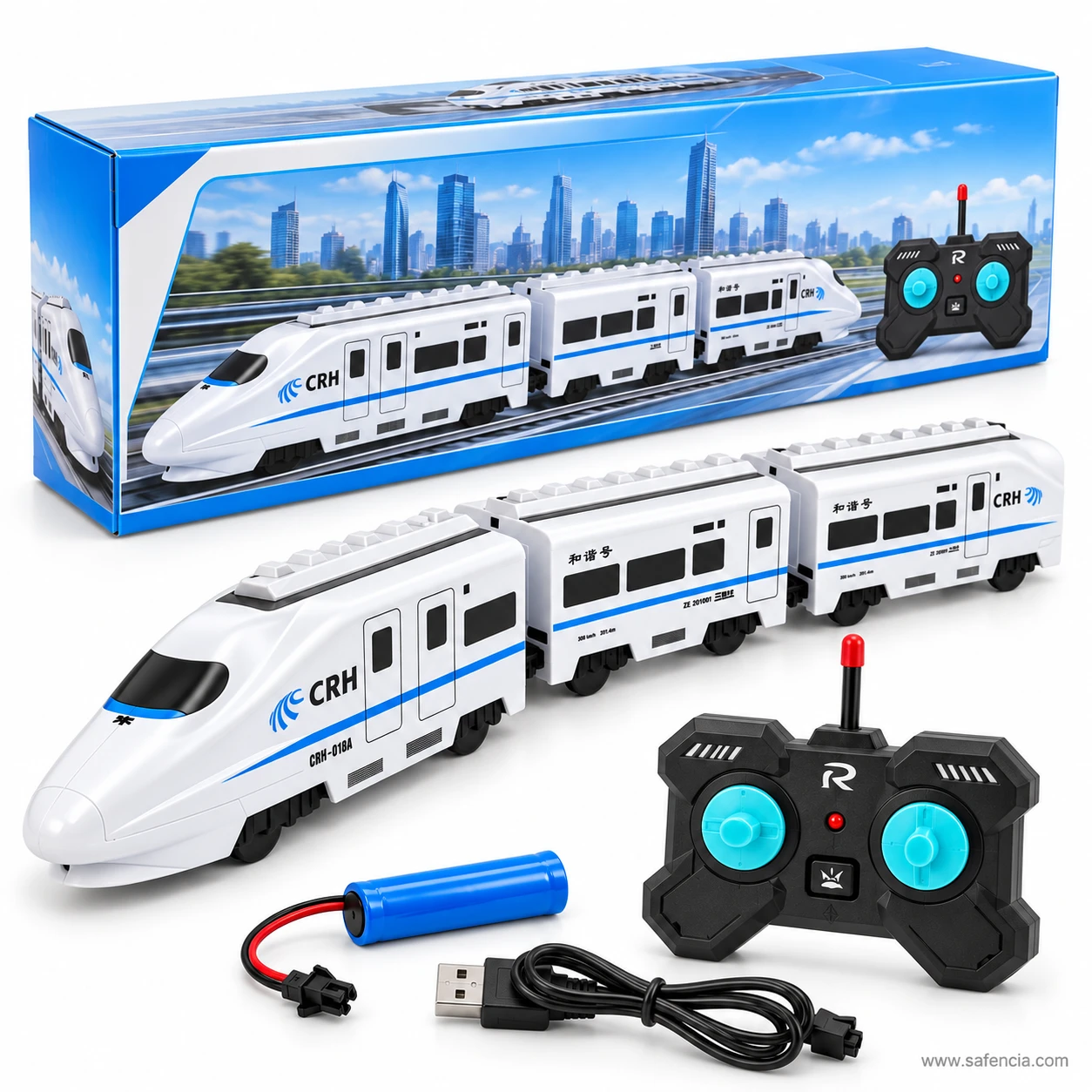 RC high speed train standing in front of its long blue retail box printed with the bullet train and remote