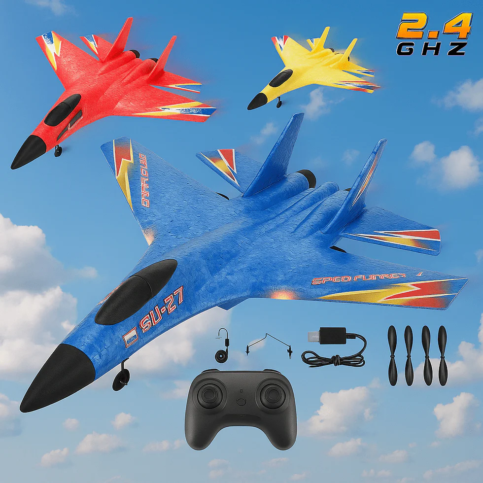 Remote Control Flying Foam Airplane for kids in Pakistan with controller, spare propellers, charger, landing gear, and blue sky background