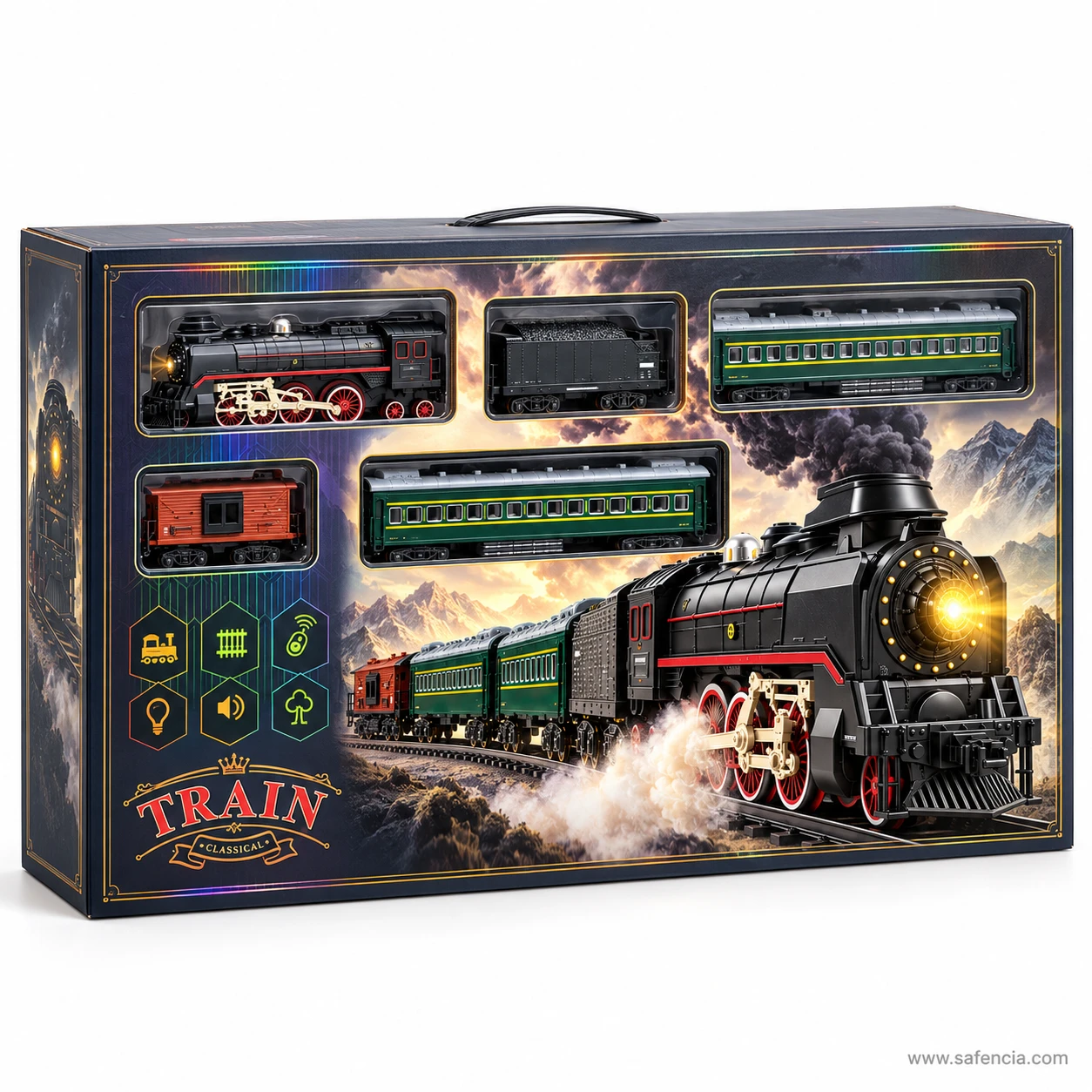 Front artwork of the RC steam train retail box printed with the locomotive, coaches and feature icons