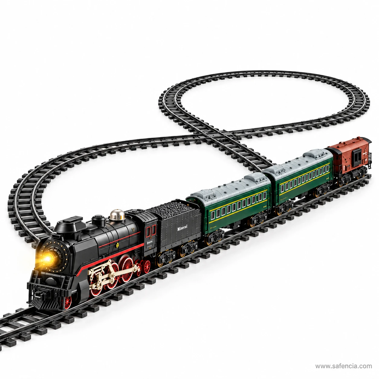 Assembled figure-eight of black track with the five-vehicle RC steam train standing on the crossing section