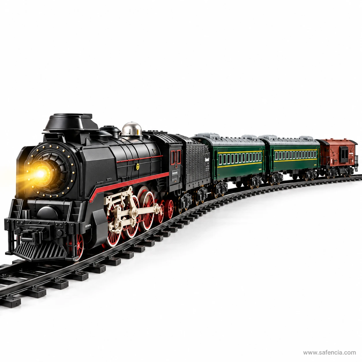 Full RC steam train rake of locomotive, tender, two green coaches and red caboose running along the track