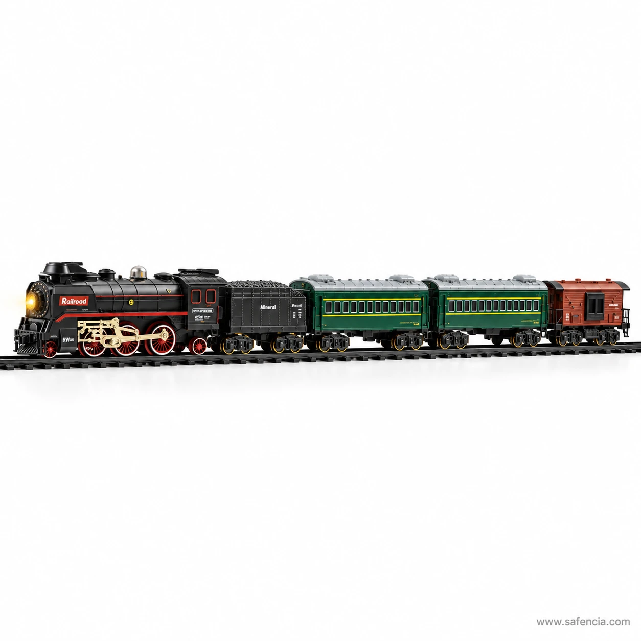 Side profile of the five-vehicle RC steam train showing its full length on a straight section of track