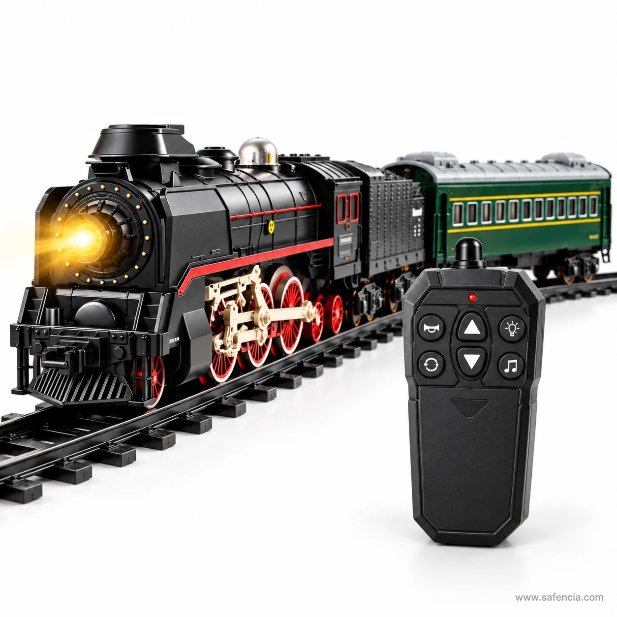 Close view of the RC steam train remote showing the direction, light and sound buttons on the black handset
