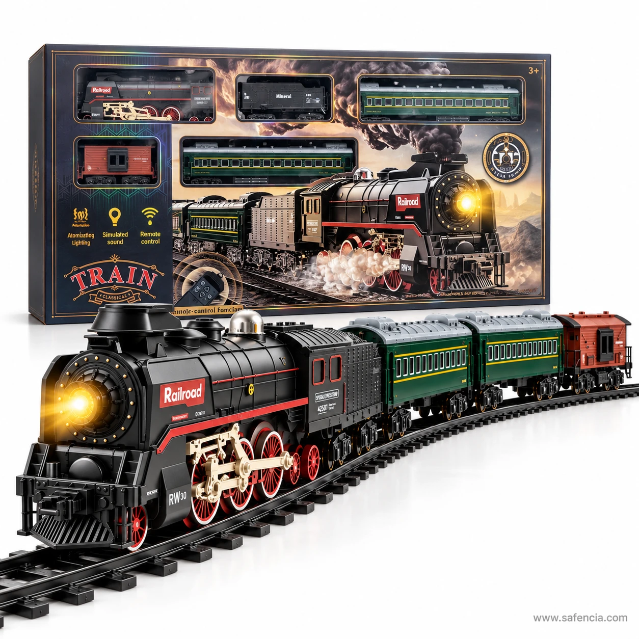 Dark retail box of the RC steam train set with each vehicle shown in its own window above the printed artwork