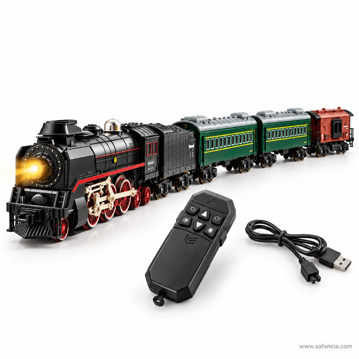 RC steam train rake on track beside its black remote handset and the USB charging cable supplied with it
