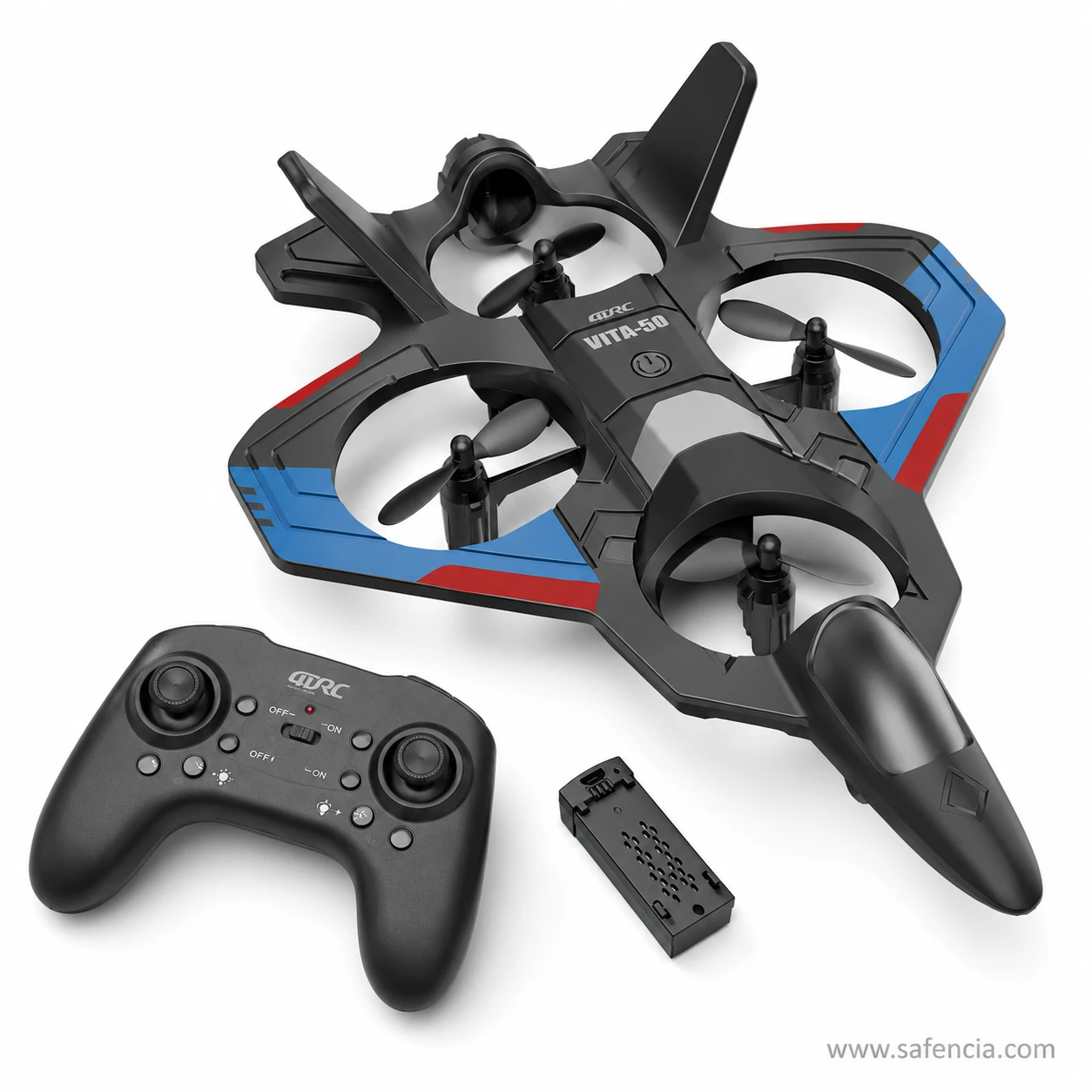 RC VITA-50 airplane model beside its gamepad controller and slide-out rechargeable battery pack