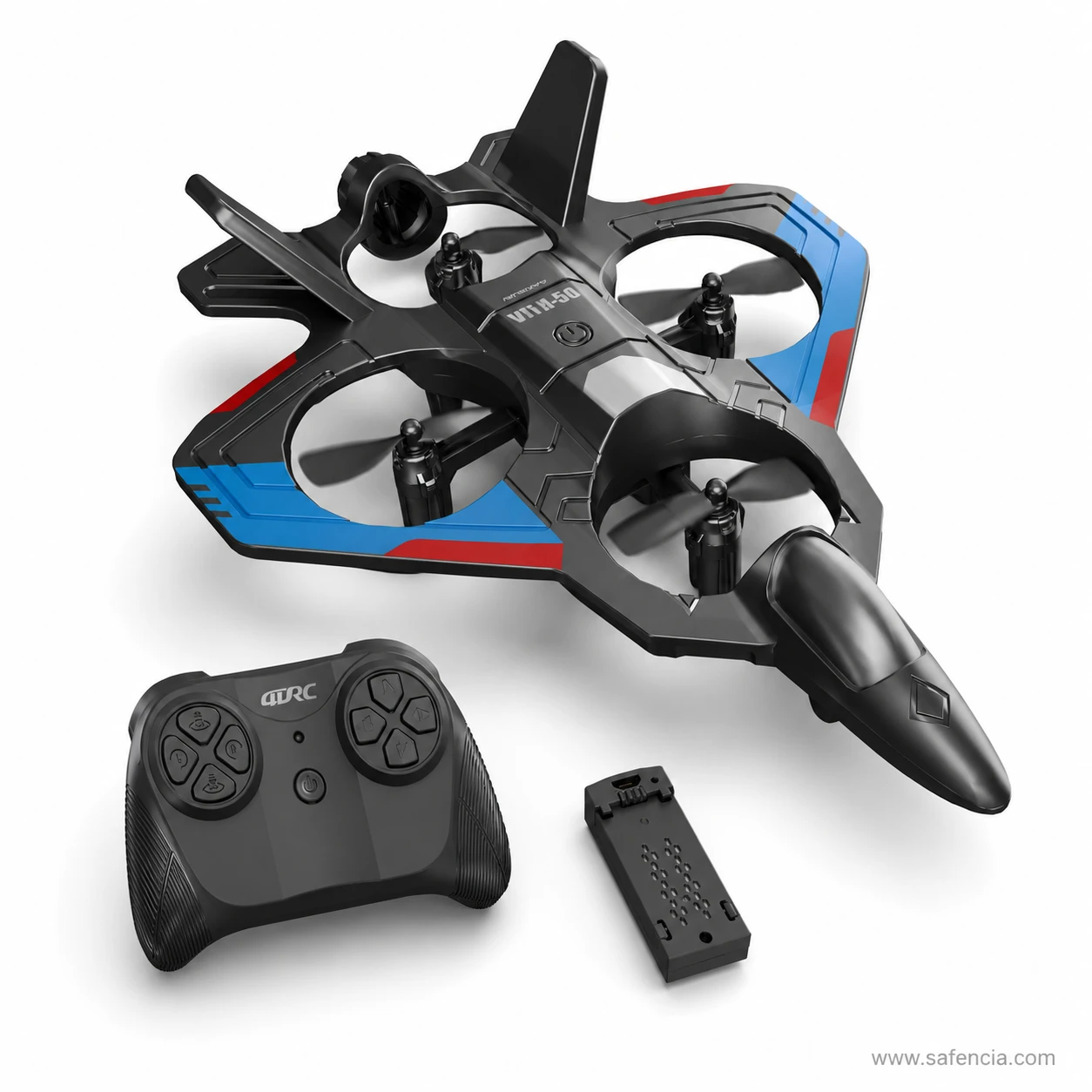 Full view of the RC VITA-50 flying airplane model showing nose cone, tail fin and blue and red markings
