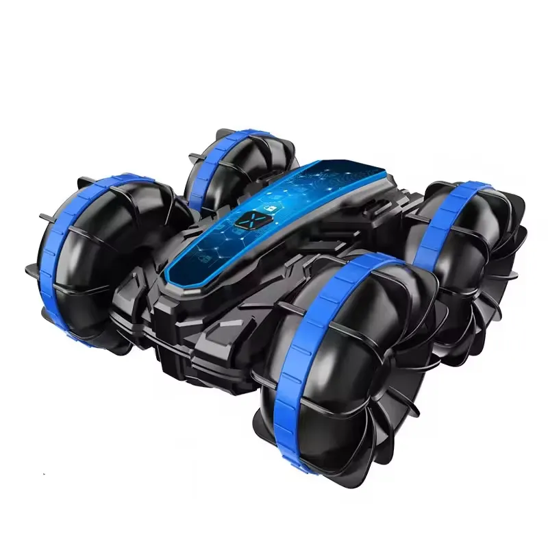 Blue RC Water Stunt Car CX85 side view with rugged rotating wheels