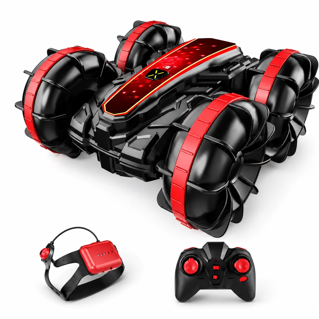 RC Water Stunt Car CX-85 with futuristic controller and red stunt wheels