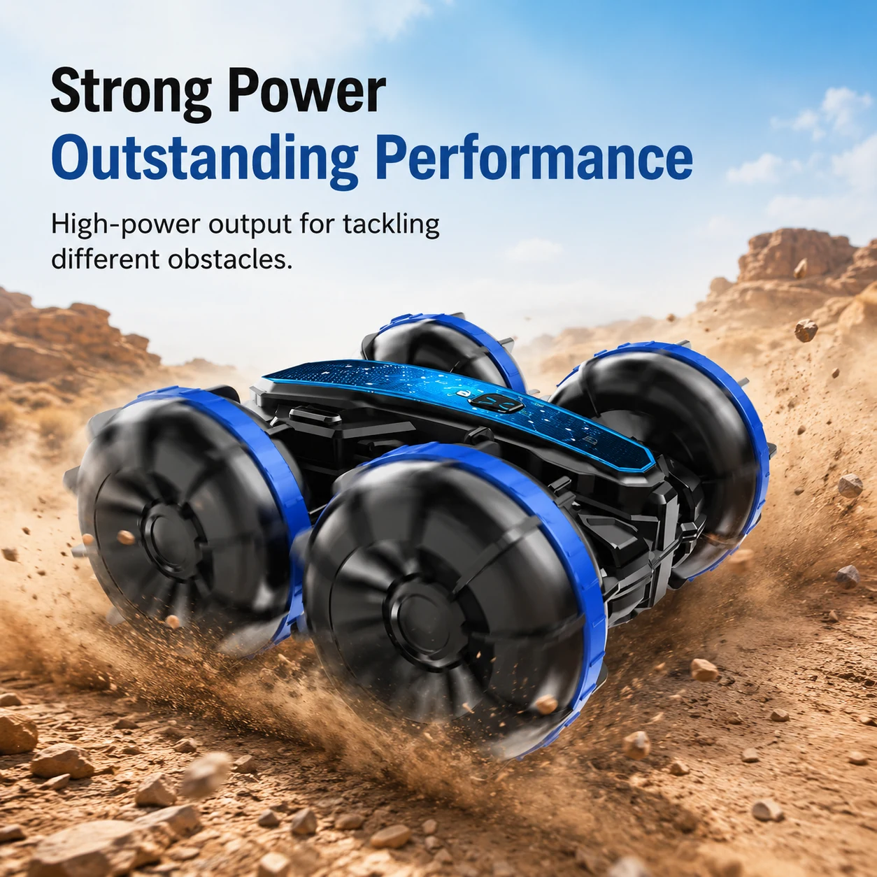 Blue CX85 rugged stunt vehicle on desert terrain with strong power performance