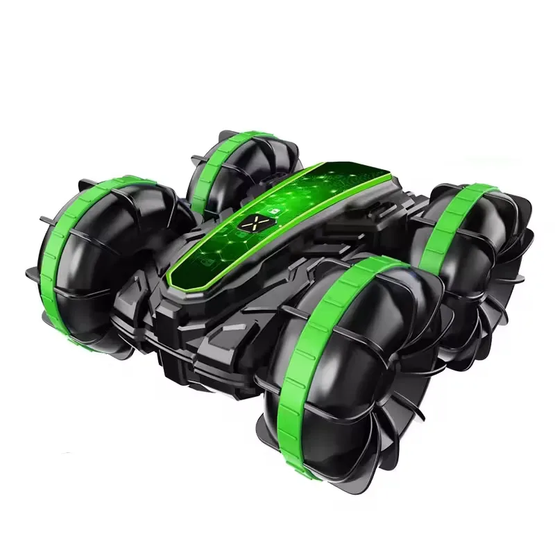 Green RC Water Stunt Car CX85 side view with oversized stunt wheels