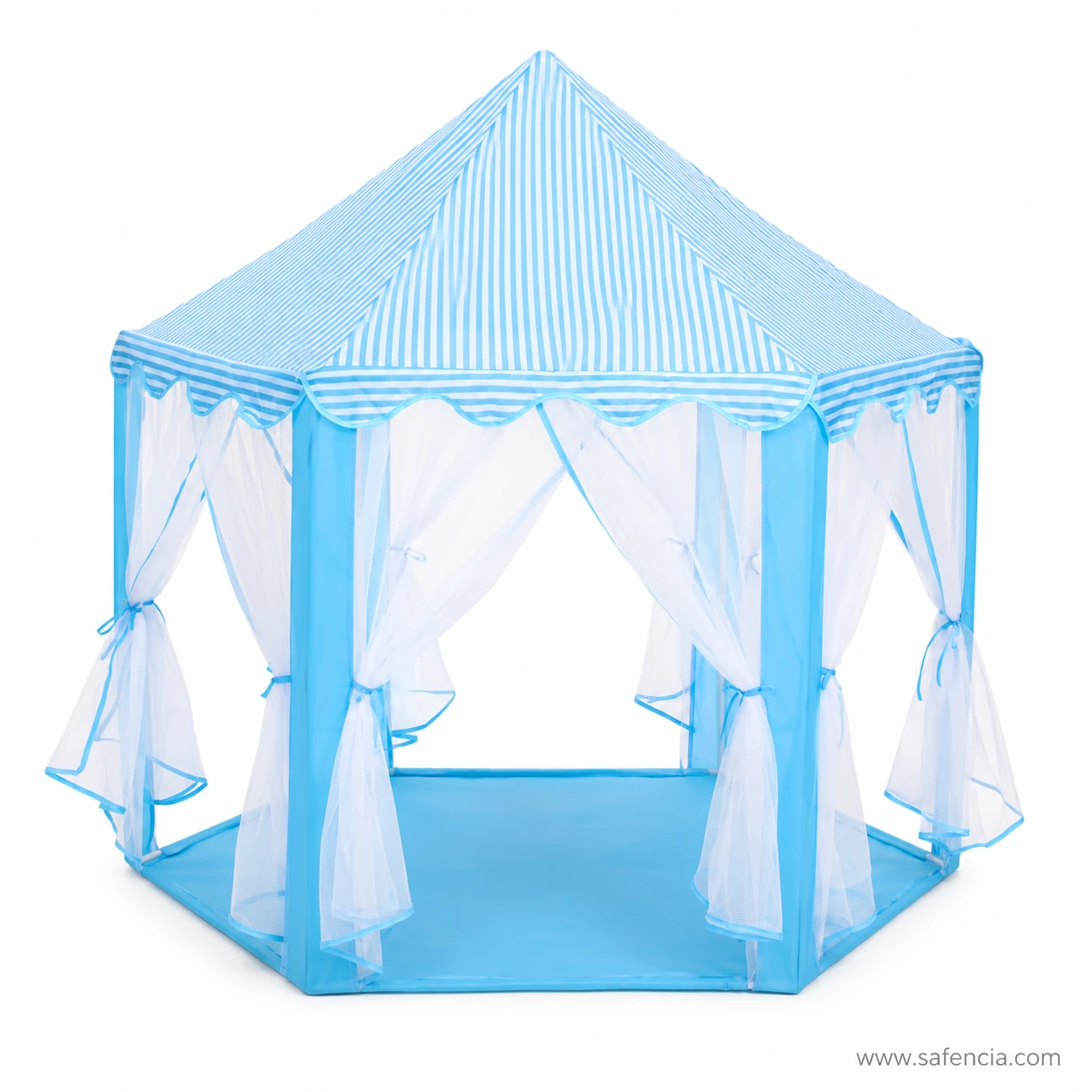 Hexagonal blue play tent house showing the six-sided frame, net curtain panels and matching fabric floor