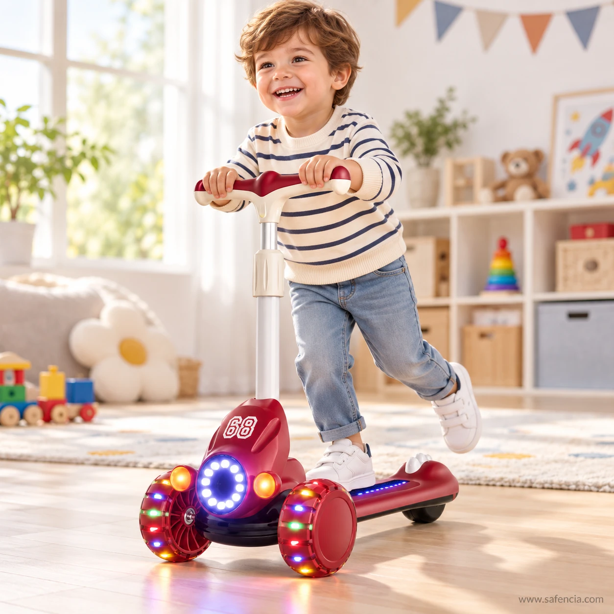 Laughing boy riding the red racing kids scooty with its LED ring glowing