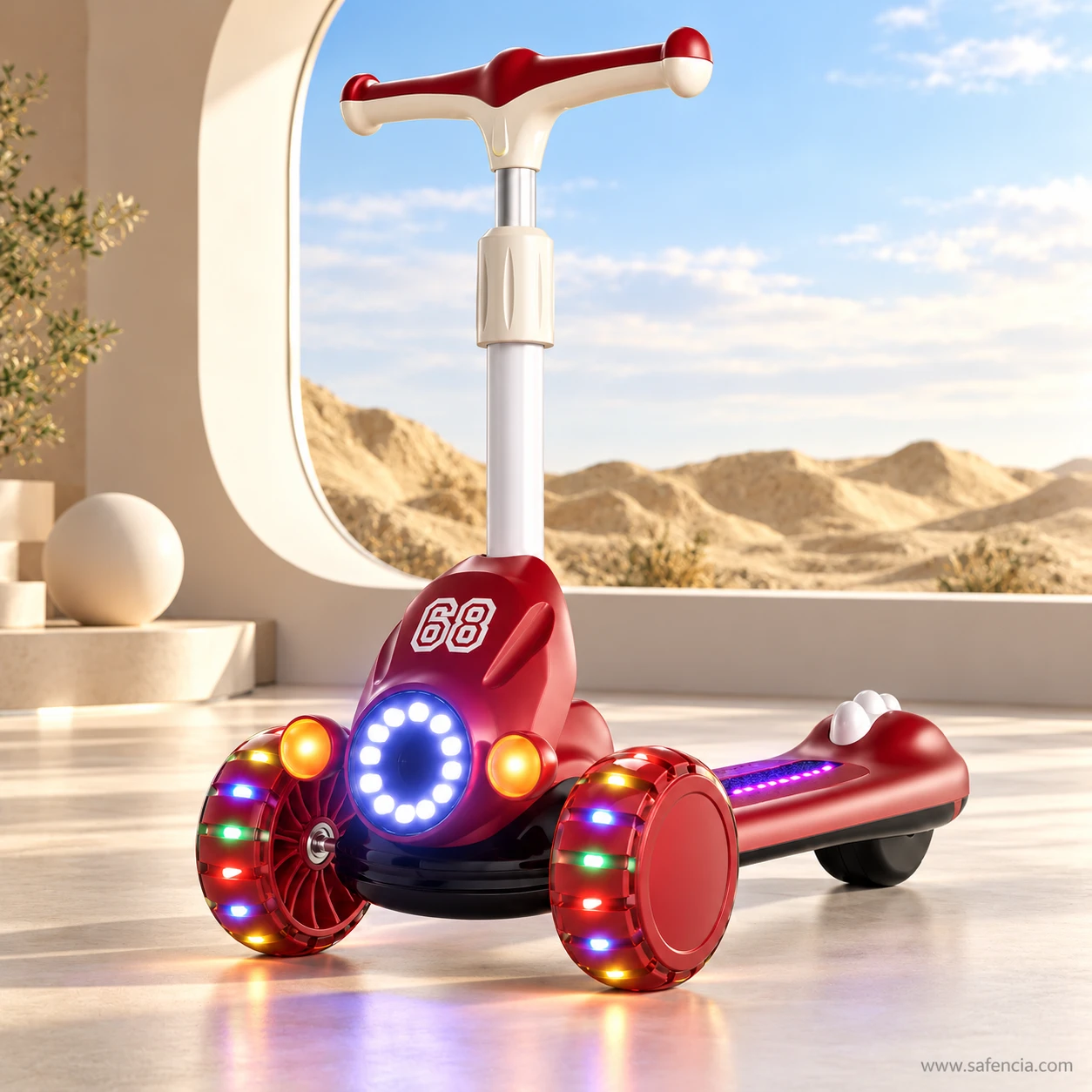 Red racing kids scooty glowing beside a large window with a sandy view outside