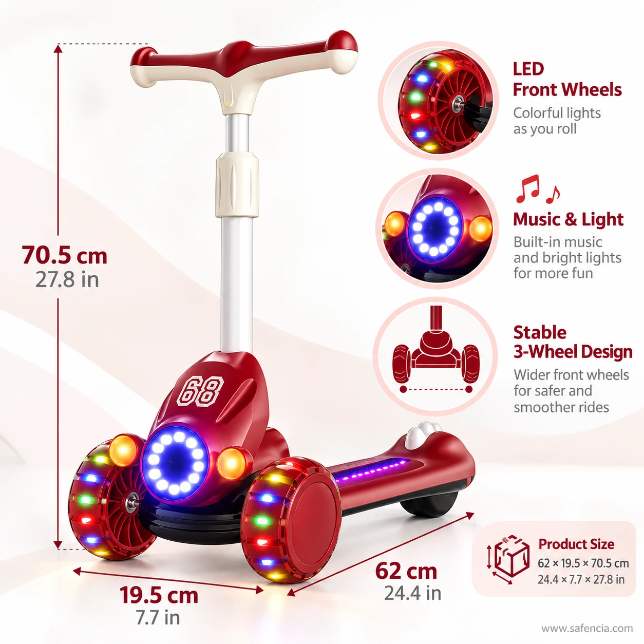 Red racing kids scooty feature panel: LED front wheels, music and light, stable three-wheel design