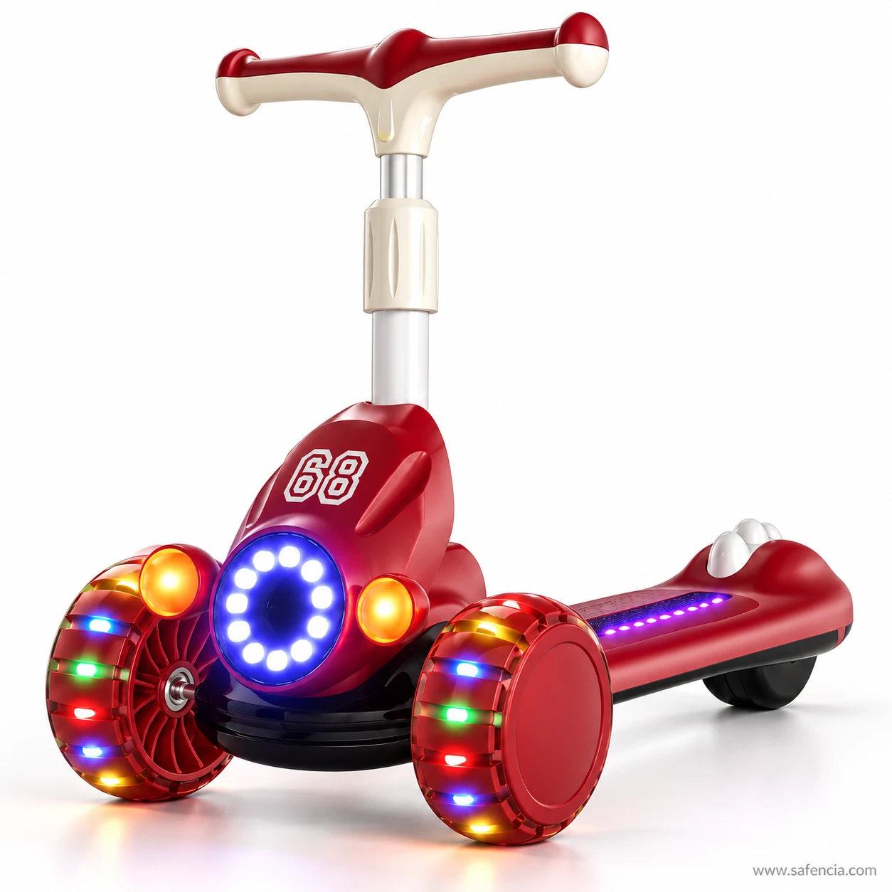 Close view of the red racing kids scooty front with race number 68 and the glowing blue ring