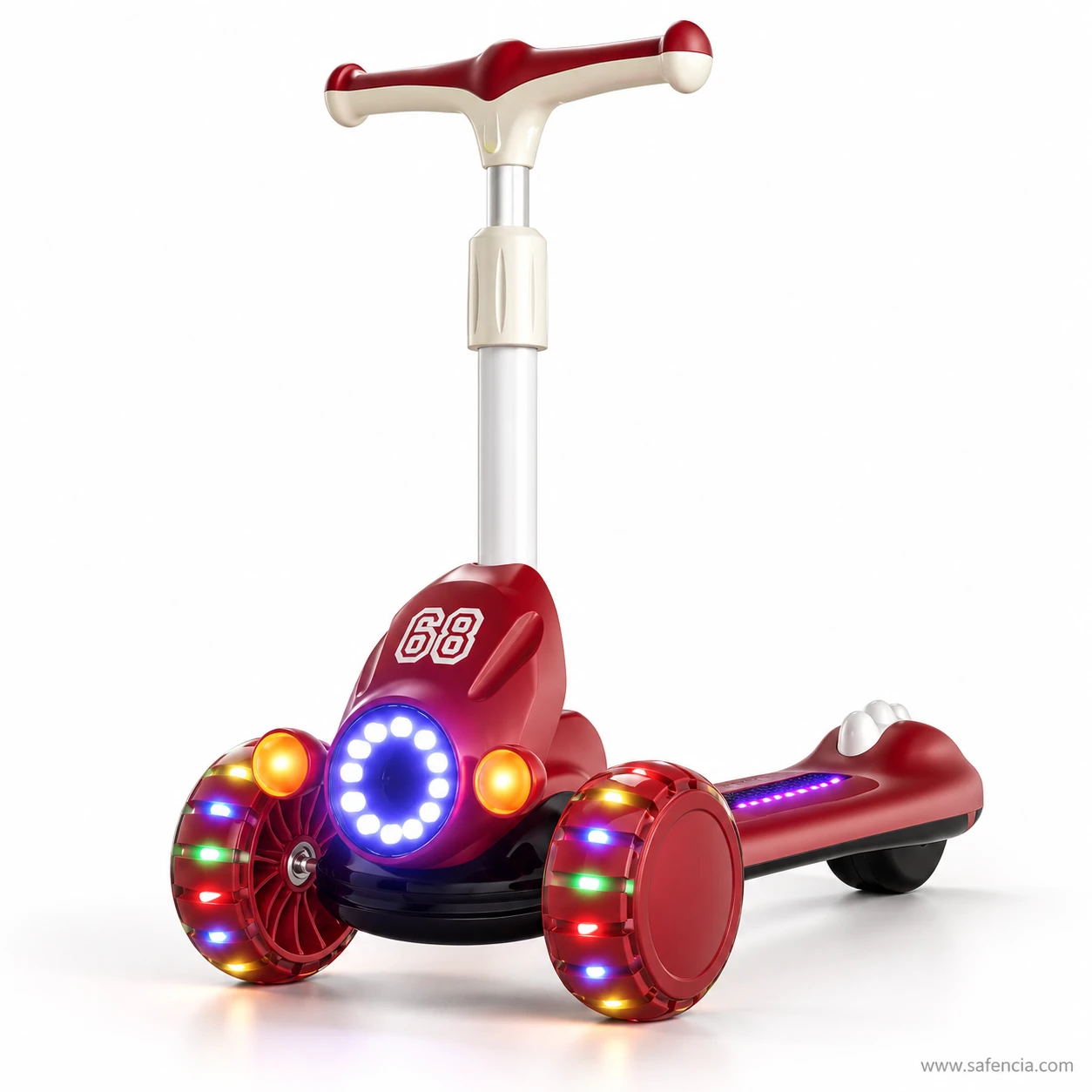Burgundy red racing kids scooty from the front with the blue LED ring and amber lamps lit