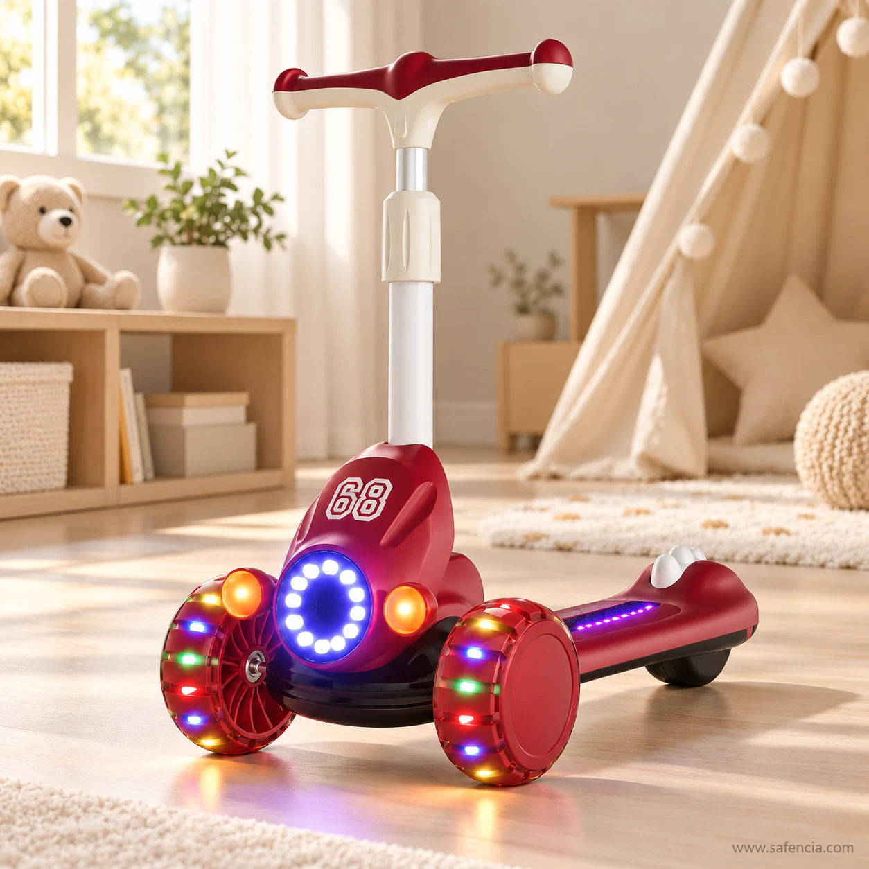 Red racing kids scooty with its lights on in a bright playroom with a teepee