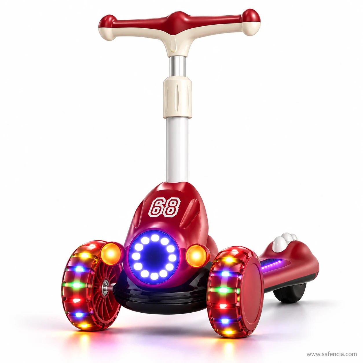 Red racing kids scooty with rainbow flashing front wheels and the purple deck strip glowing
