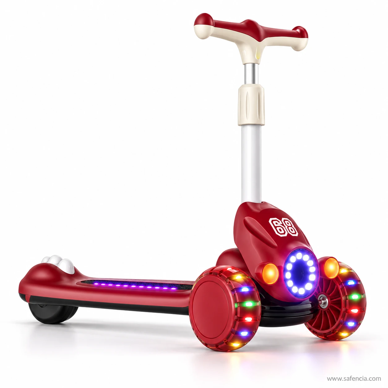 Side view of the red racing kids scooty showing the purple deck light strip and rear bumps