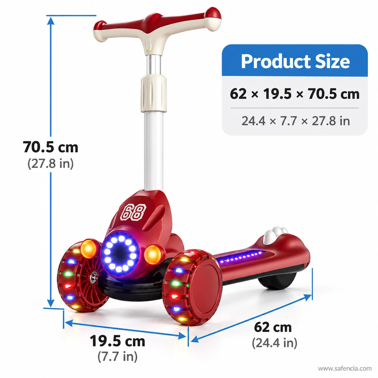 Size chart of the red racing kids scooty: 70.5 cm height, 19.5 cm width and 62 cm length
