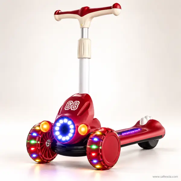 Red Racing Kids Scooty with LED Light Ring, Light-Up Wheels and Music