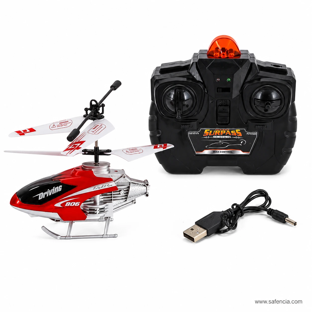 Complete Velocity 806 helicopter set with pistol-grip handset and USB charging lead
