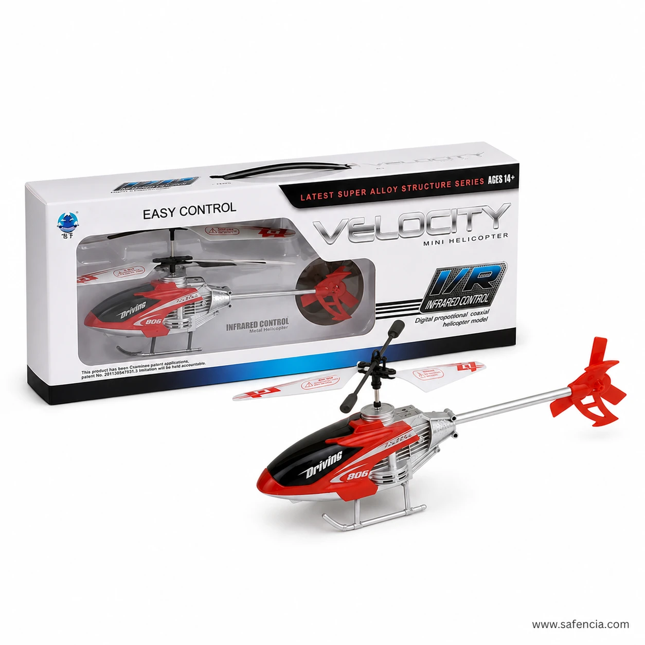 Velocity 806 helicopter beside its retail box showing the alloy structure and ducted tail fan