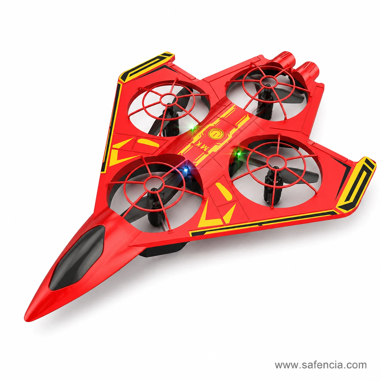 Overhead view of the red S12 Mini Flying Fighter Jet showing chevron markings and four caged rotors