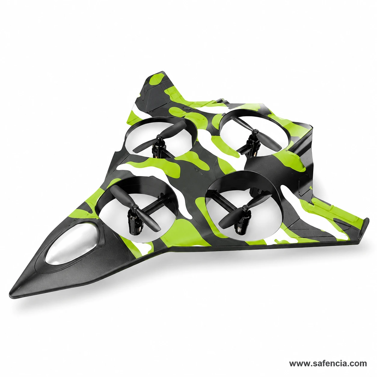 Angled view of the S20 camouflage flying wing showing four sunken rotors and silver canopy nose