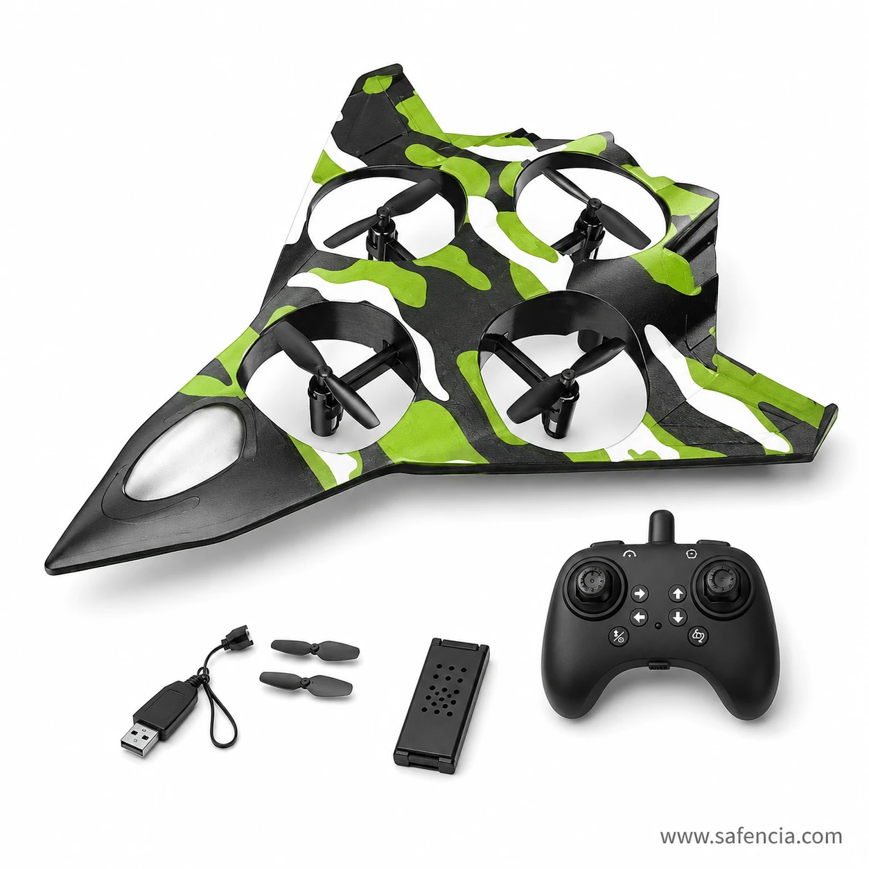 Overhead view of the S20 flying wing in green camouflage with its controller and accessories