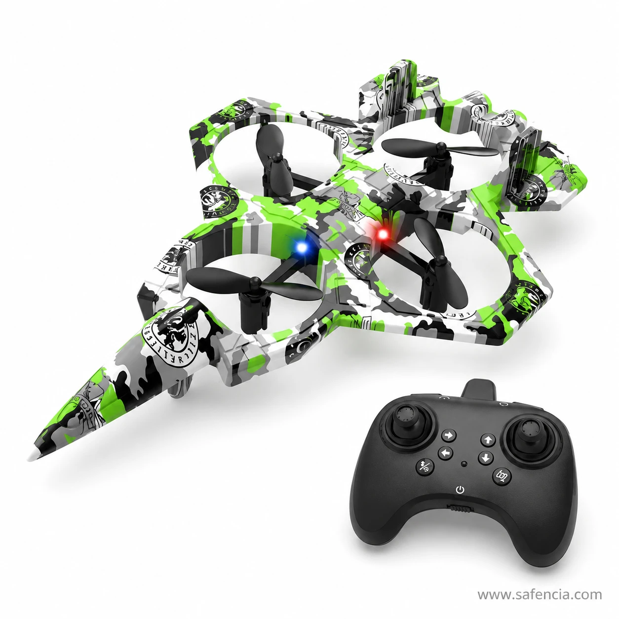 S9 Combat Aircraft camouflage flying drone beside its 2.4GHz gamepad controller with LEDs lit